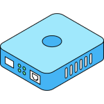 Isometrische Darstellung eines Medienkonverters, der das Glasfasersignal in ein LAN-Signal umwandelt, um die Verbindung zu einem Router herzustellen.